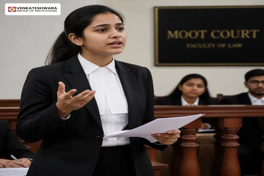 LLB student presenting arguments in Moot Court at Faculty of Law, Venkateshwara Group of Institutions, Meerut