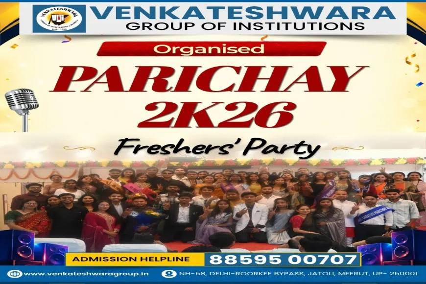 Students and faculty posing together at Parichay 2K26 Freshers Party